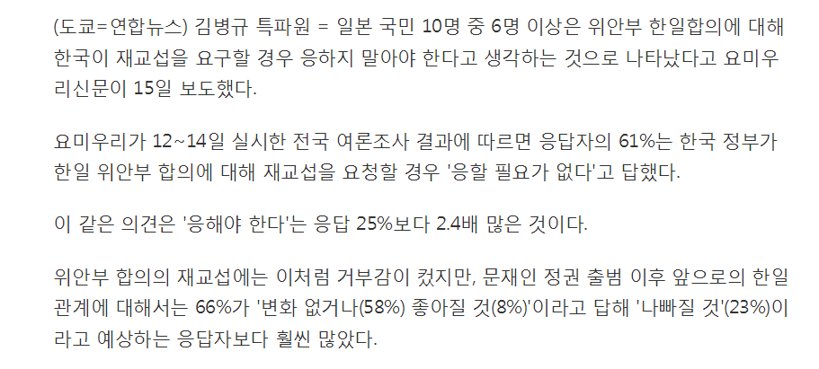 日국민 61％ "위안부 한일합의 재교섭 요구 응하지 말아야" | 인스티즈